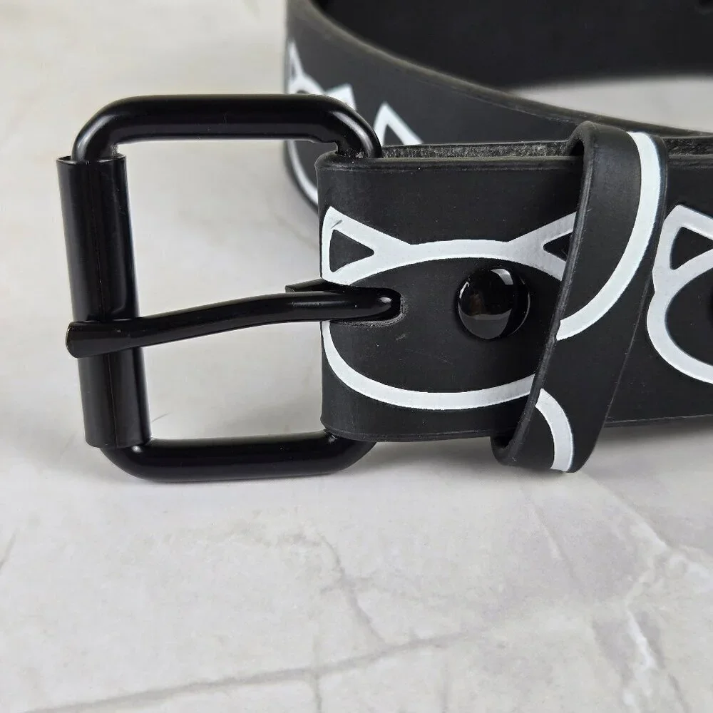Ladies Belt Sz Medium Black with Repeating White Cat Head Graphics Faux Leather